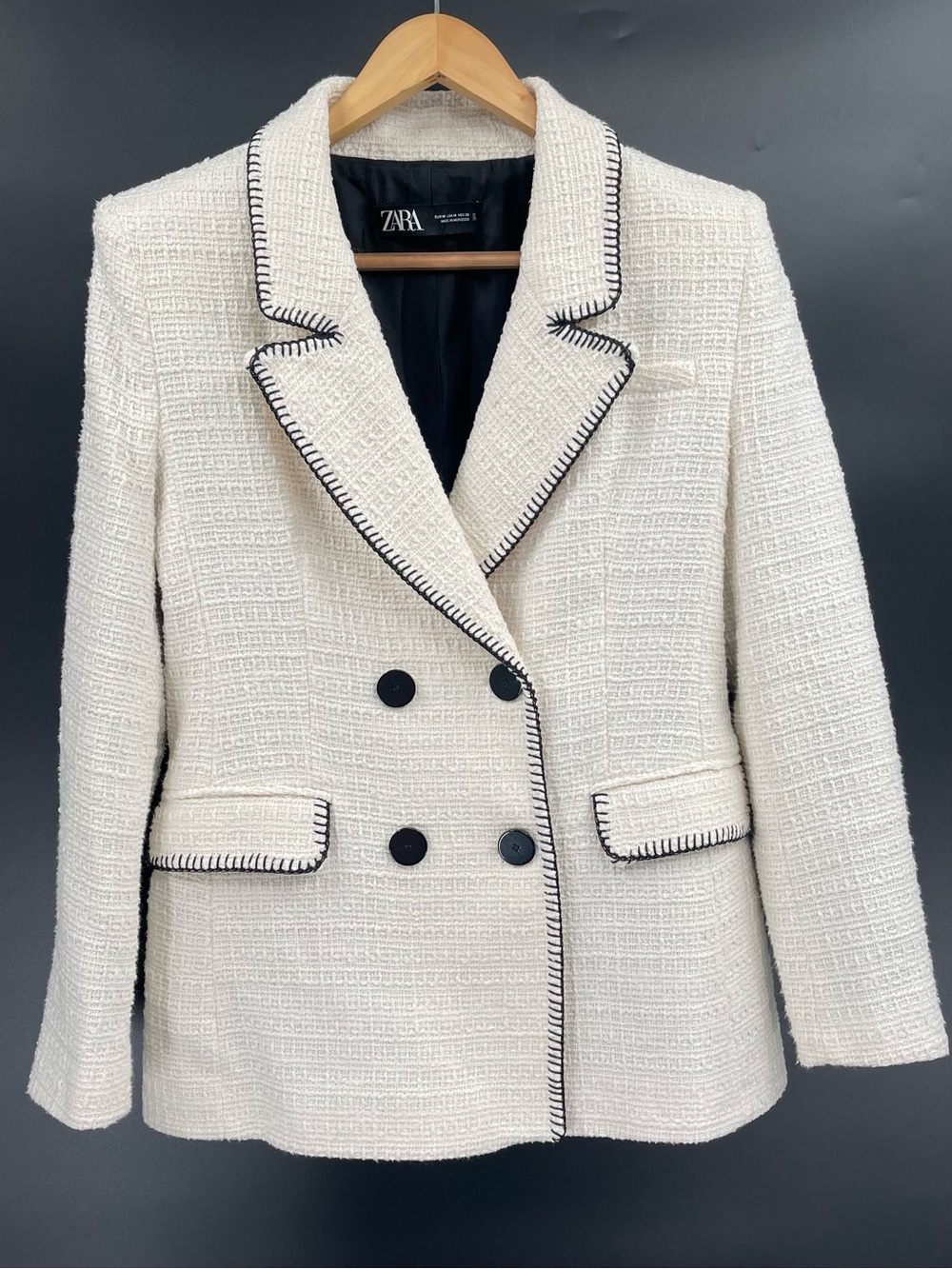 ZARA Vintage Style Textured Double Breasted Blazer Jacket Black Contrast Trim